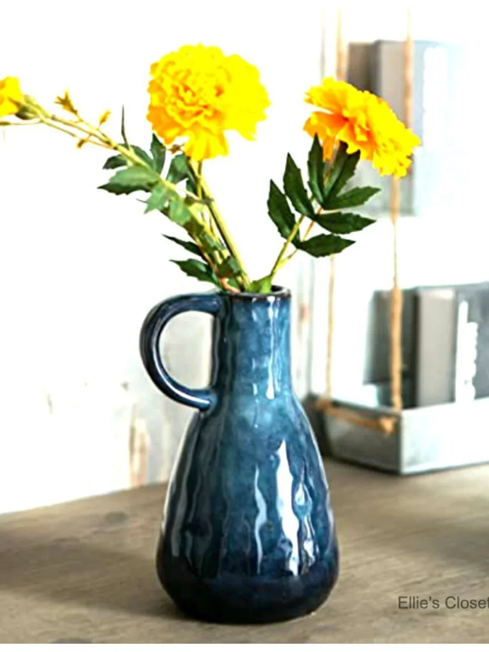 Blue Glazed Ceramic Vase Set of 2 with Handles, Farmhouse Decor, Centerpiece